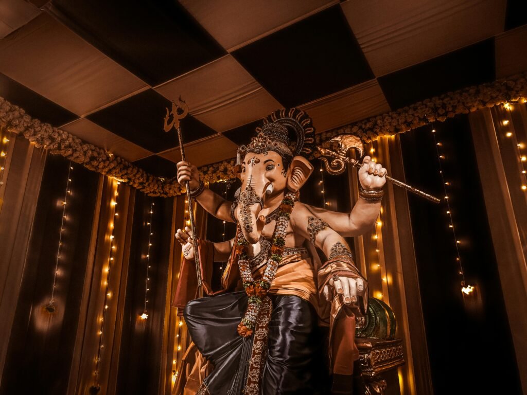 Ganesh idol adorned with lights during Ganesh Chaturthi festival in Mumbai, India.